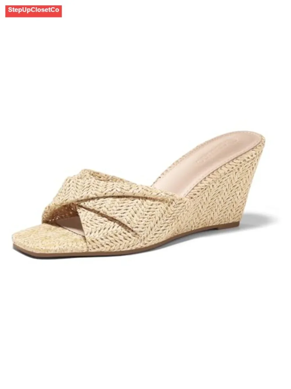 Women's Square Open Toe Wedge Sandals Espadrilles Raffia Bow Slip On Slides